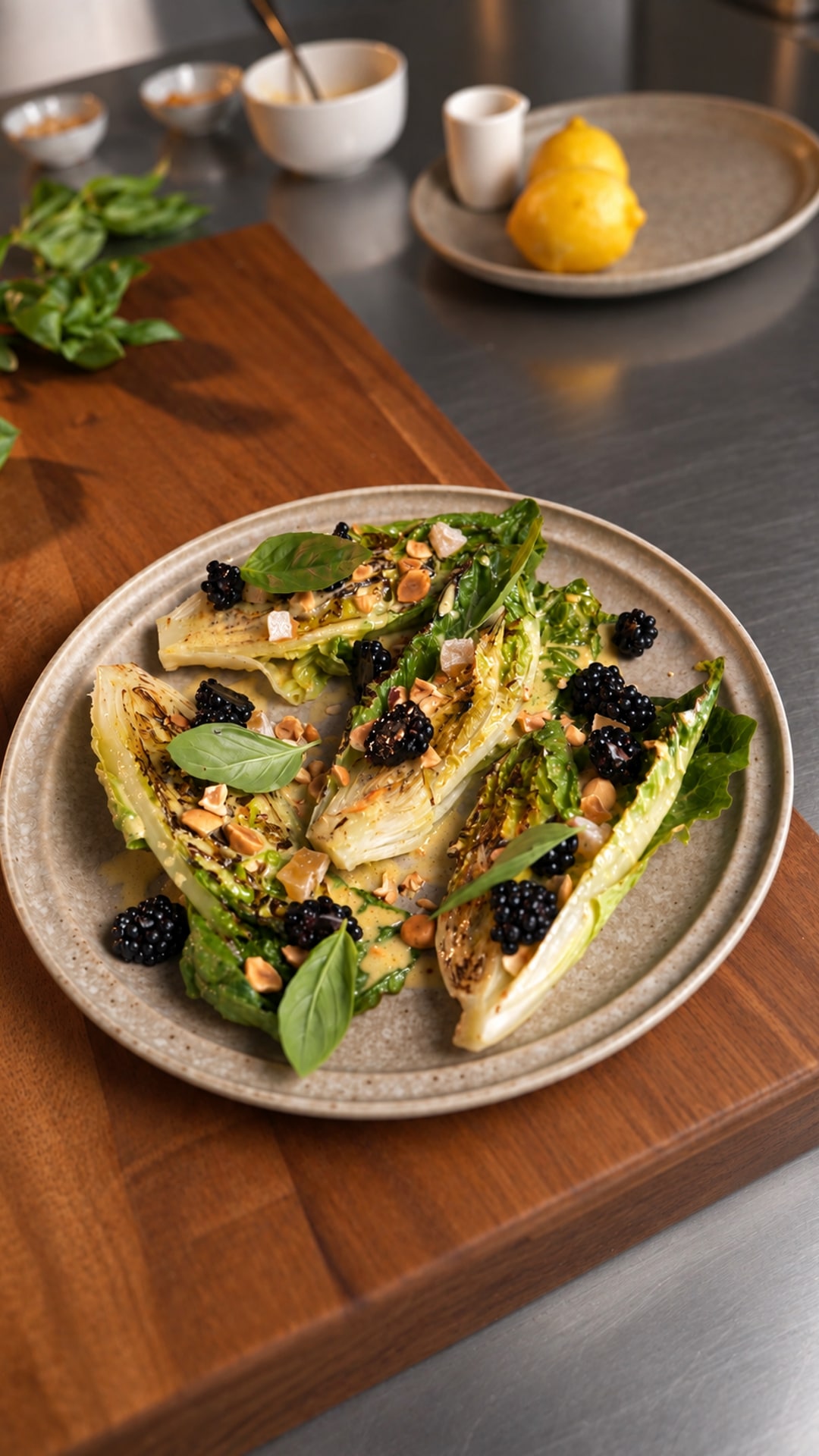 Gegrillte Römersalatherzen mit Brombeere & kandiertem Ingwer — Rezept von Nicolai Wiedmer